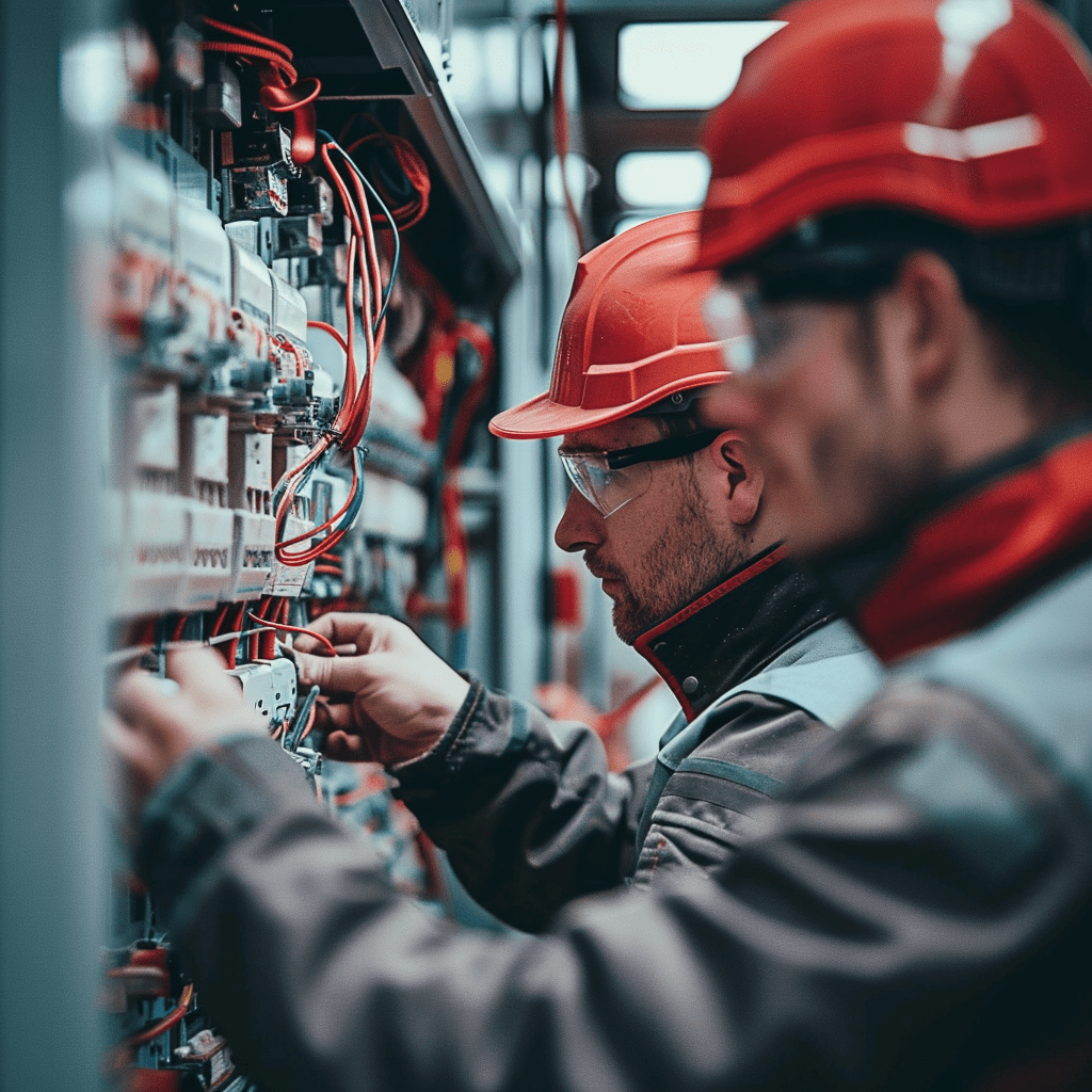 Auf dem Foto sieht man zwei Elektriker aus dem Saarland, die ihren neuen Job bei www.stellenangebotesaarland.de gefunden haben.