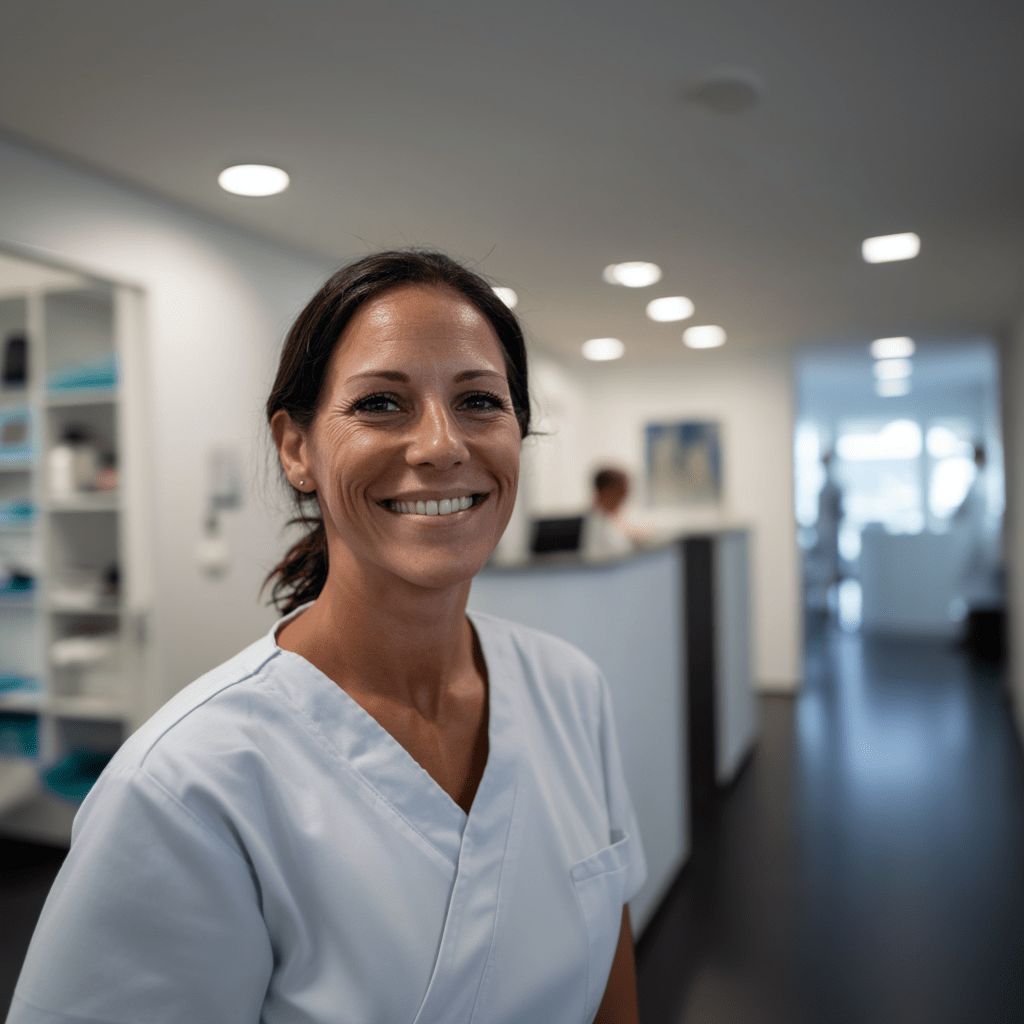 Auf dem Foto sieht man eine MFA aus dem Saarland, die beim Endoskopiezentrum Neunkirchen arbeitet und ihren Job bei www.stellenangebotesaarland.de gefunden hat.