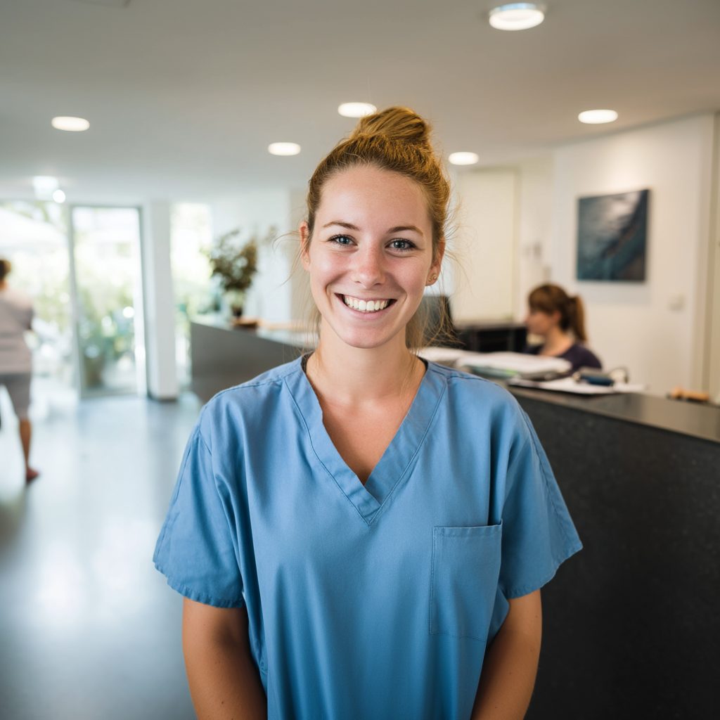 Das Foto zeigt eine glückliche medizinische Fachangestellte, die im Saarland ihren neuen Job über das Arbeitgeberportal Arbeitgebersaarland.de gefunden hat.