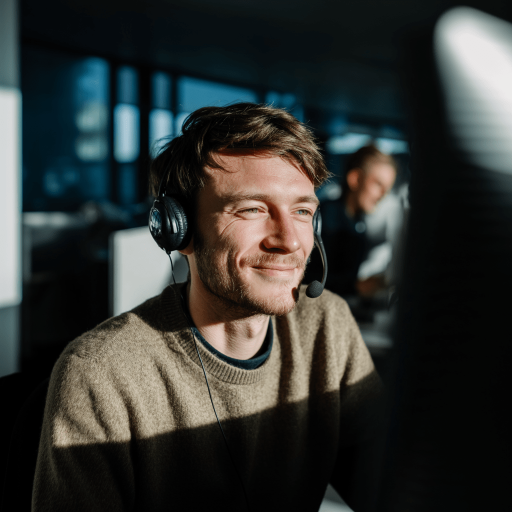 Auf dem Foto sieht man einen Studenten, der einen Studentenjob in einem Callcenter in Saarbrücken über www.stellenangebotesaarland.de gefunden hat.
