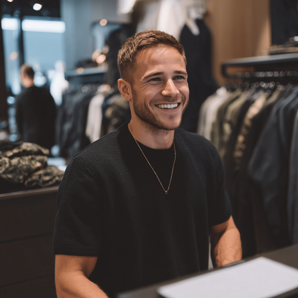 Auf dem Foto sieht man einen Verkäufer, der in Saarbrücken seinen Job als Einzelhandelskaufmann bei www.arbeitgebersaarland.de gefunden hat.