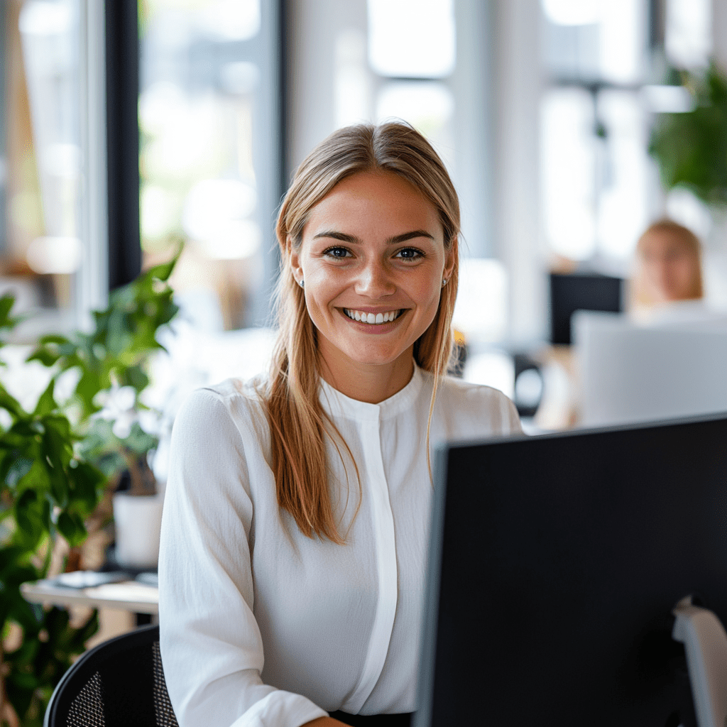 Auf dem Foto sieht man eine Mitarbeiterin einer Rechtsanwaltskanzlei, die ihren neuen Job über www.arbeitgebersaarland.de gefunden hat - dem saarländischen Arbeitgeberportal. Die Stelle hat sie über www.stellenangebotesaaarland.de gefunden, dem saarländischen Jobportal.