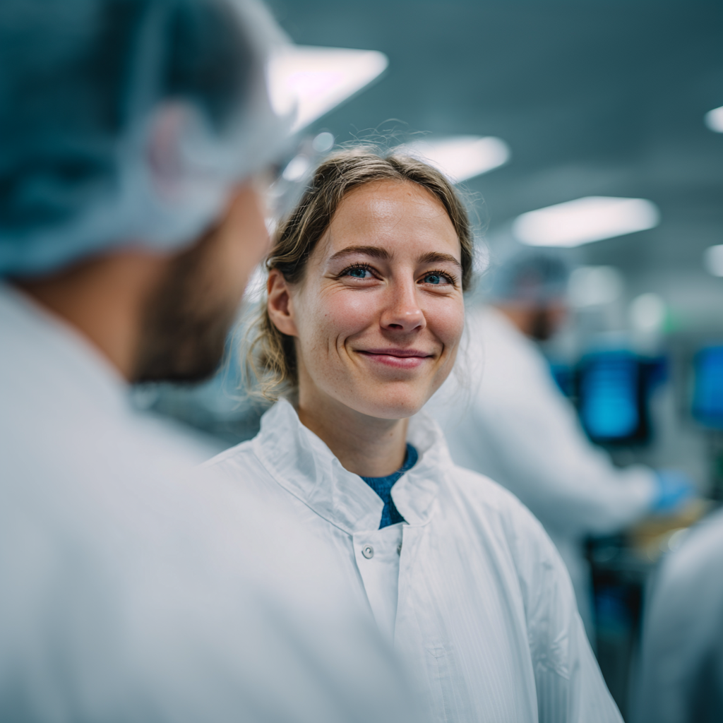 Auf dem Foto sieht man eine Frau, die ihren neuen Job in einem Pharmabetrieb im Saarland über www.arbeitgebersaarland.de gefunden hat.